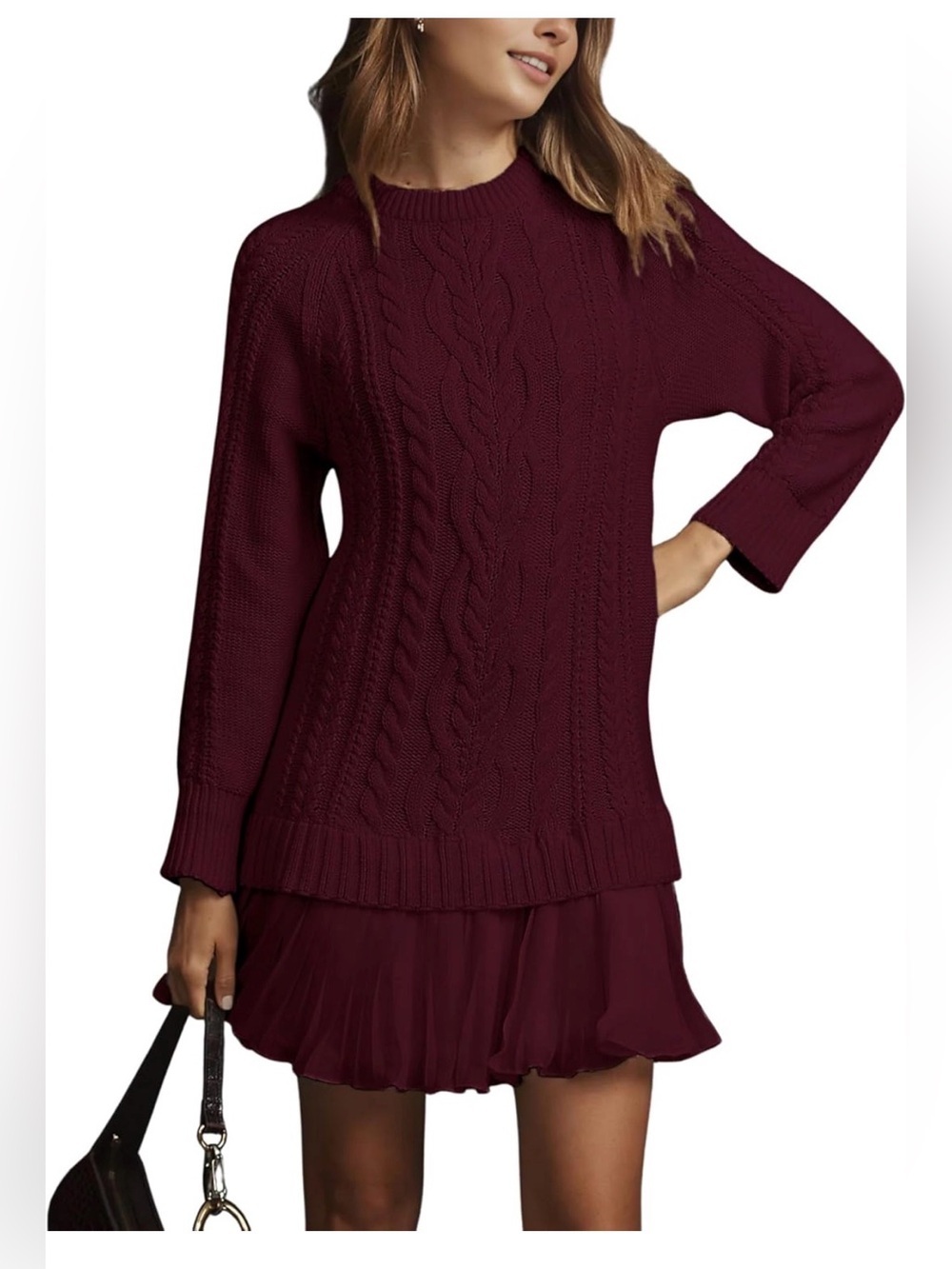 🆕Twofer Style Cable Knit Crewneck Long Sleeve Pleated Mini Dress